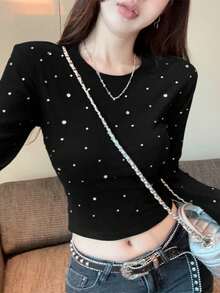 Fashion Rhinestone Embellished Slim Fit Long Sleeve Cropped T-Shirt, Spring/Autumn - Black - View 4