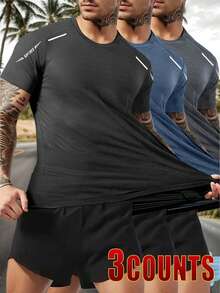 3件装男士夏季休闲运动速干透气短袖T恤，带反光标志，面料柔软舒适，适合健身、跑步和户外活动 - 彩色 - 查看 5