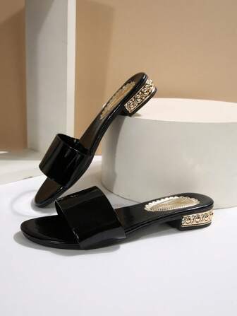 Women's Round Toe Strap Chunky Heel Sandals, Black Low Heel Slides, Fashion Slippers For Plus Size, European Style