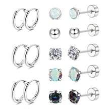 DAILI Set de 8 pares de pendientes dorados para mujer con múltiples perforaciones, de acero inoxidable y titanio, diseños con puntos, bolas, ópalo y circonita cúbica, calibre 20, conjunto de pendientes con aro y de botón con respaldo plano, aptos para pieles sensibles