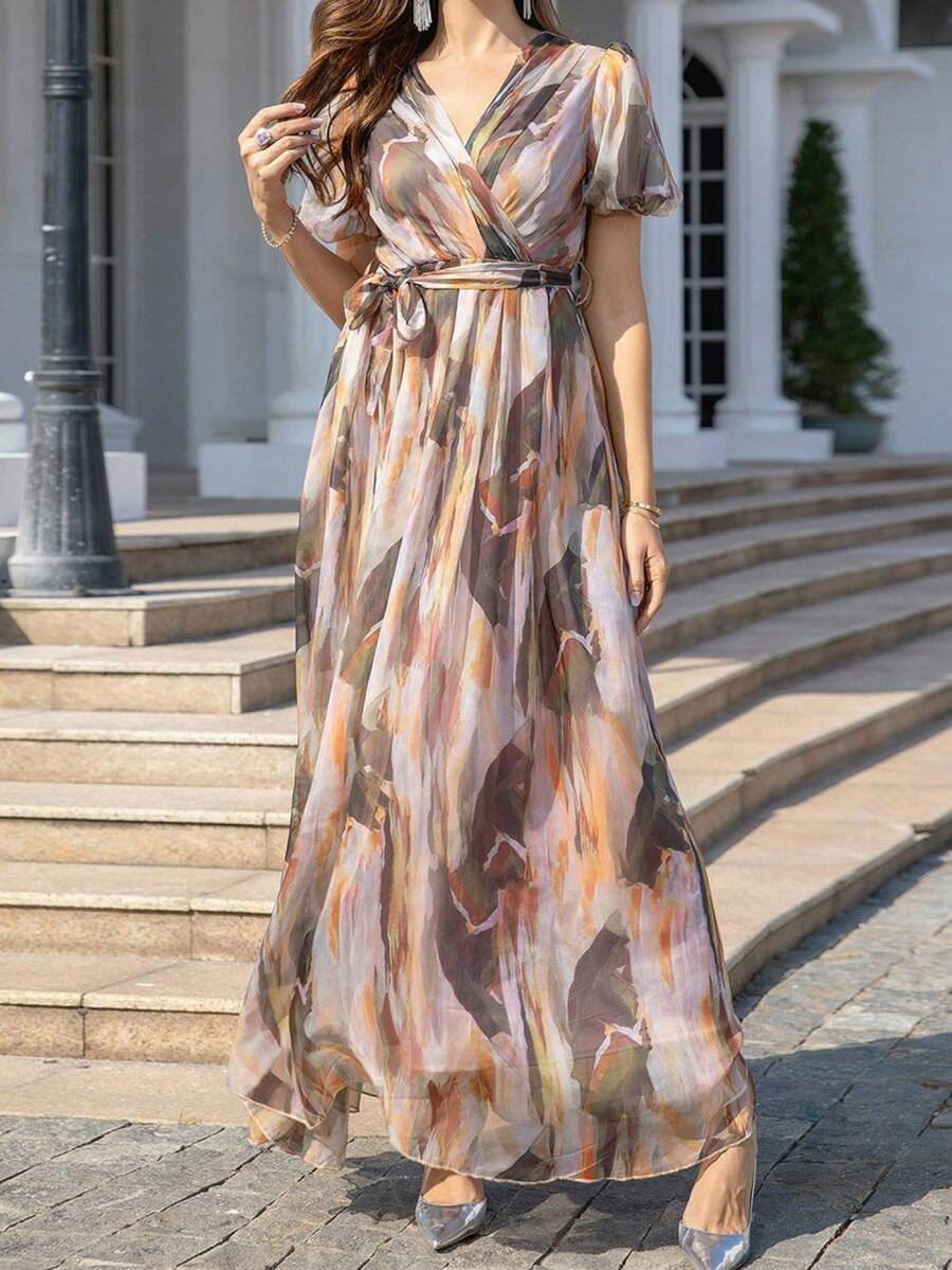 V领荷叶边短泡泡袖印花女士度假连衣裙，夏季优雅款 - 彩色 - 查看 1