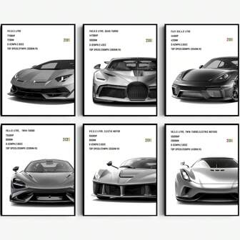 Unframed 6pcs Super Car Posters - Modern Car Wall Art Prints, Sport Car Poster For Men, Racing Car Room Decor For Bedroom, Cool Supercars Artwork Pictures Decoration Poster