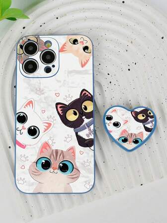 1pc Gray Anti-Drop TPU Cat Pattern Phone Case And 1pc 360° Rotation Foldable Heart Shape Phone Holder, Compatible With IPhone////OPPO Phones, Galaxy A52/A52s 5G, Galaxy A14, Galaxy S23 Ultra, IPhone 14 Pro Max, OPPO A54, Galaxy A54, Redmi 10, Redmi Note 8, Redmi 12C, 11A, Galaxy A13 4G, Galaxy A23 5G