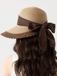 1pc Ribbon Bow Accent Straw Hat, Beach Party Outdoor Hat - Khaki - View 4