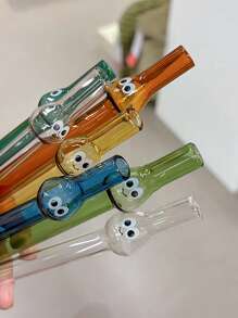 3Pcs Cute Cartoon Big-Eye Glass Straws With Brushes, Colorful Reusable Drinking Straws For Smoothies, Bubble Tea, Milkshakes, Party Supplies, Easy Clean