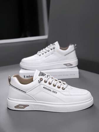 New Men's Skateboard Shoes, Fashionable Korean Style Sports Sneakers, Breathable White Flat Skate Shoes, Versatile Sneakers (New Shoelace Decoration Accessory)