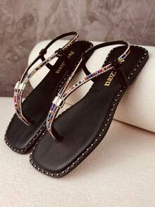 Amizzara Women's Flat Slippers With Adjustable Shiny Rhinestones For Everyday Comfort - 黑色 - 查看 2
