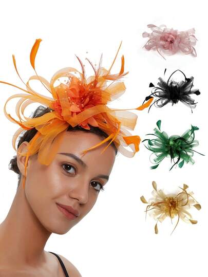 1pc Fascinators Hats For Women Kentucky Derby Flower Mesh Bow Headpiece Feather Wedding Bridal Headware Tea Party Accessories,Hair Accessories,Derby Hat Mini Hats Tiny Hats Mini Top Hat Mini Cap