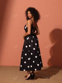 Vestido de Feriado Feminino Elegante com Impressão de Poá e Decoração de Gravata com Laço