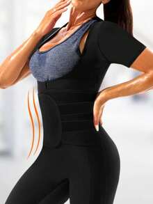 Traje de sauna con cremallera para mujer con control de abdomen, entrenador de cintura, parte superior de manga corta, corsé deportivo, body moldeador de talla grande, mono, mallas, conjunto de ropa deportiva para mujer