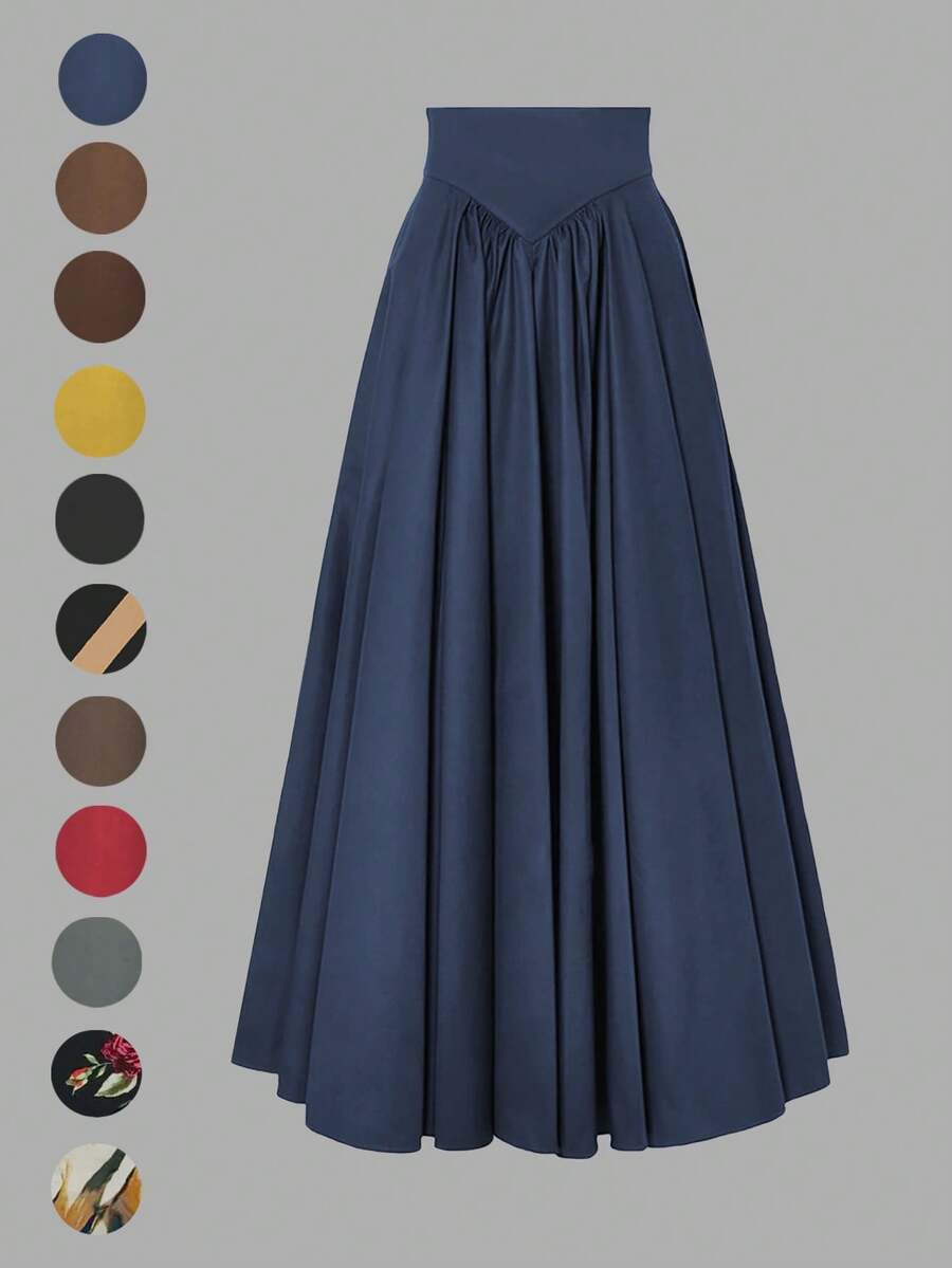 Spring And Summer New Joker Daily Elegant Fashion Shaping Belt Big A Pleated Elegant Skirt - 藏蓝色 - 查看 1