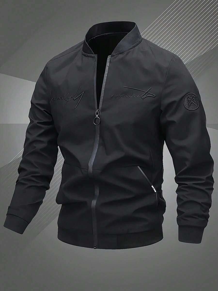 Jaket Olahraga Luar Ruangan Pria, Cocok Sebagai Hadiah Hari Ayah, Jaket Penerbangan dengan Bordir Huruf, Jaket Bomber Serbaguna dan Modis - Hitam - View 1