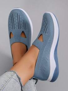 中老年女士透气软底一脚蹬布鞋，加大码 - 藍色 - 查看 2