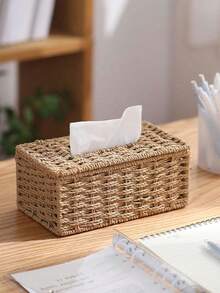 1 件手工编织纸巾架，卡其色，日式风格，适用于客厅、书桌、浴室、秋季装饰，手工仿常春藤编织纸巾盒