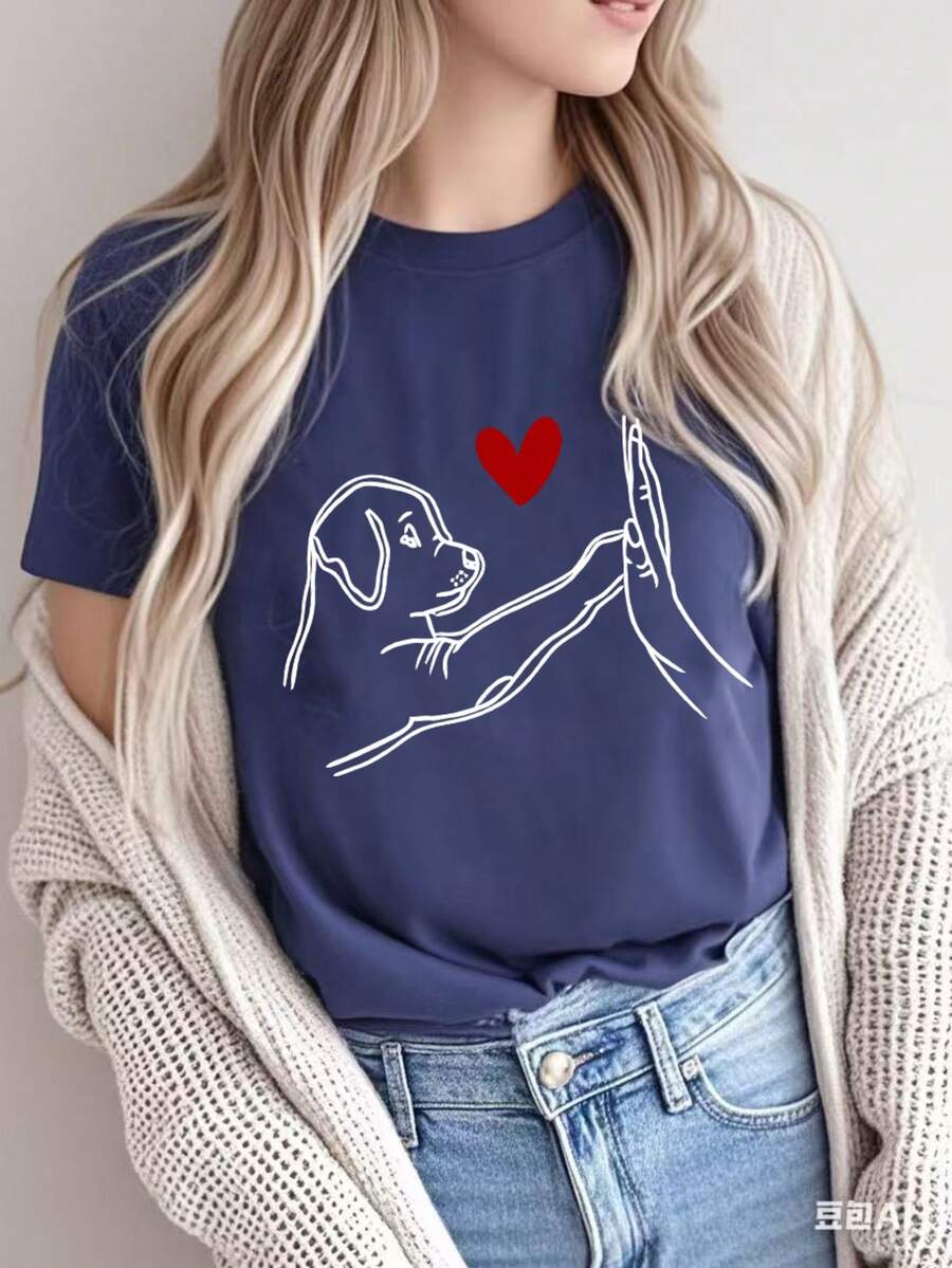 Tween Girl High Five Puppy Print Round Neck Short Sleeve T-Shirt For Summer - Navy Blue - View 1