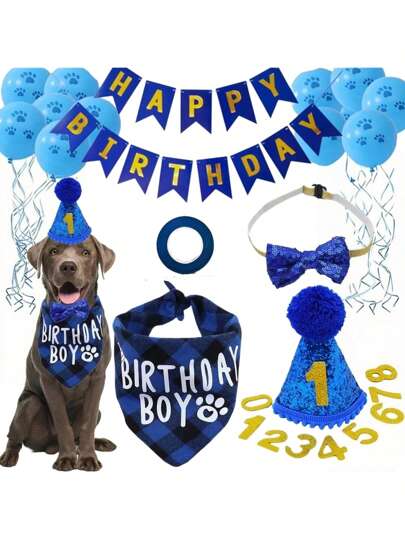 1 Set Pet Birthday Party Decorations, Including Pet Bandana, Birthday Hat, Banners, And Bow Tie For Male & Female Pets, Pet Birthday Celebration & Decoration