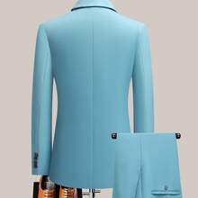 The Latest Men's Solid Color Suit Two-Piece Set With Lapel Collar And Double Breasted Buttons For Four Seasons, Men's Business Suit, Formal Business Casual Wedding Dress - 淺藍色 - 查看 2
