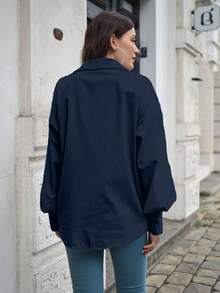Plus Size Women's Solid Color Collared Button-Up Shirt Spring - Navy Blue - View 5