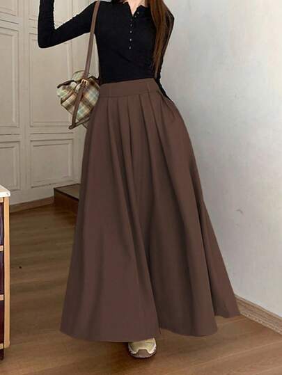 Flowing, Crisp Coffee Brown Solid Color Maxi Skirt For Commute/Date/Casual Wear, Pleated Flared Details, Pockets, Versatile, Daily Wear Spring