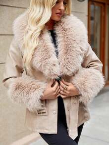 Giolshon 女士常规款皮草大衣 - 秋冬百搭休闲外套，含腰带 - 适合任何外出 - 米色 - 查看 4