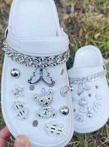 18pcs DIY Rhinestone Silver Bear & Metal Chain Decor Clips, Detachable Shoe Charms For Hollow Shoes/Sandals, All Seasons, Suitable As Gifts