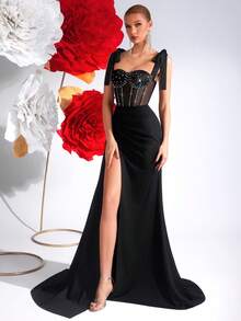 Vestido largo de fiesta para eventos formales y bodas con lazo, sin mangas, con pedrería, cintura alta, con flecos, abertura en la espalda y lazo ajustable - Negro - Ver 9