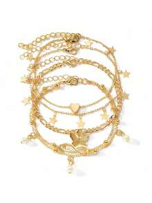 4pcs/Set Girls' Pearl Beach Bracelet Set With Star, Butterfly & Lucky Number 8 Charm Anklet Jewelry - Gold - View 5