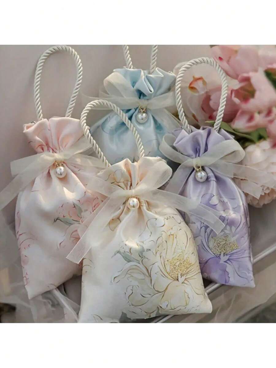 5/10 piezas, Bolsas de regalo con cordón estampadas con flores, perlas y cintas para bodas, duchas, cumpleaños y ocasiones especiales - Tela de lino y poliéster, Día de San Valentín, Día de la Madre, Primavera, Verano - Multicolor - Ver 1