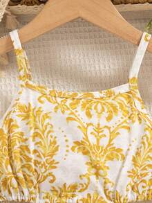 女童热带印花镂空腰部度假无袖吊带裙，夏季 - 芥末黃 - 查看 6