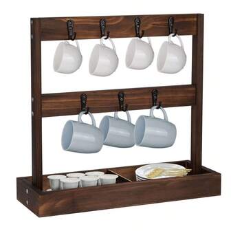 1pc Coffee Mug Holder Stand, 2 Tier Countertop Mug Tree Holder Rack With Storage Base, Vintage Mug Holders For Kitchen, Holds 14 Mugs, Coffee Capsules & Saucers Space-Saving Kitchen Counter Organizer, Easy Assembly, Multi-Use Rack