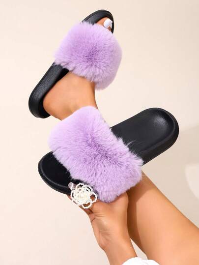 Women Fluffy Colorful Slippers, Solid Color Long Fur, Non-Slip Sole, Perfect For Summer Beach, Home, Casual Wear
