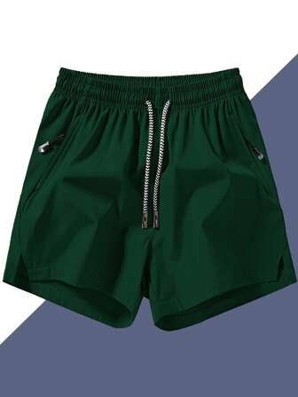 Men's Anti-Lost Zipper Pocket Drawstring Waist 3/4 Length Sports Shorts