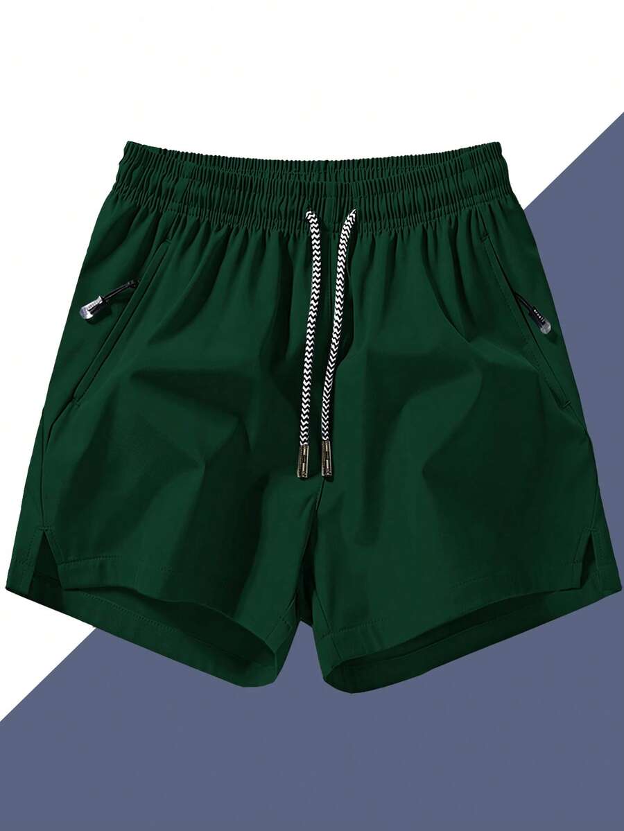 Men's Anti-Lost Zipper Pocket Drawstring Waist 3/4 Length Sports Shorts - Olive Green - View 1