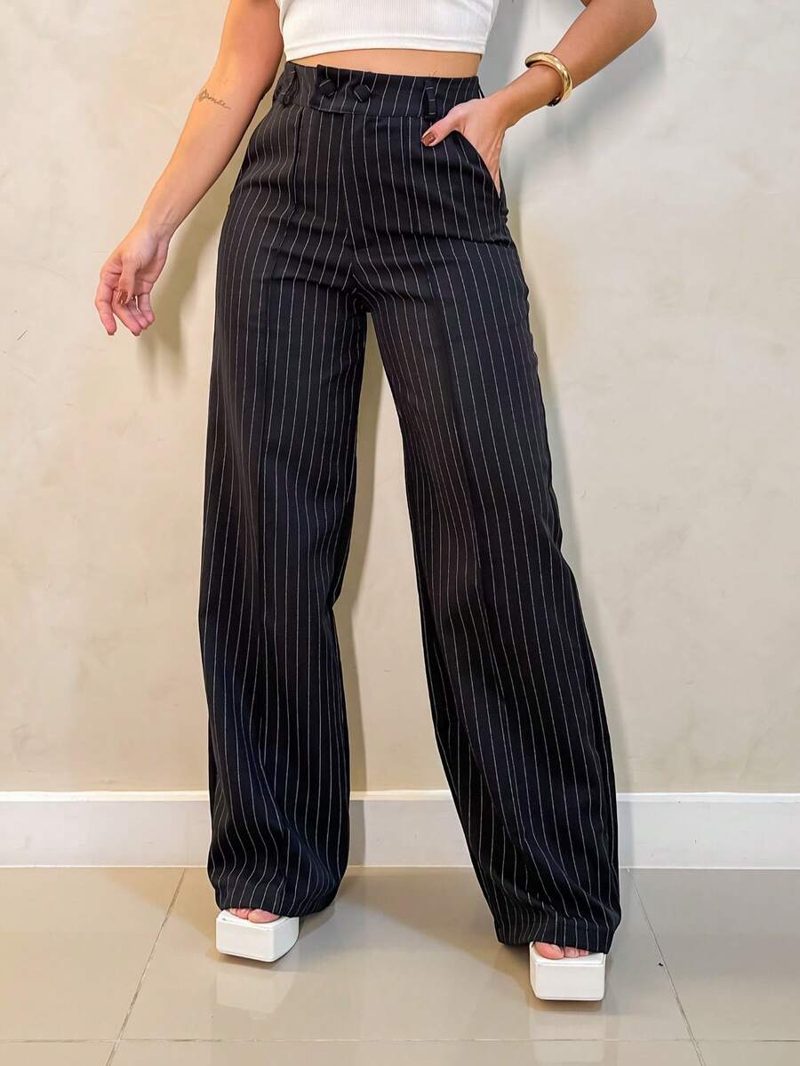 Women's Plaid Pants, High Waist, Stripes, Casual, Modern And Elegant - màu đen - Xem 1