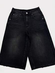 Distressed Streetwear Baggy Denim Bermuda Shorts - Black - View 5