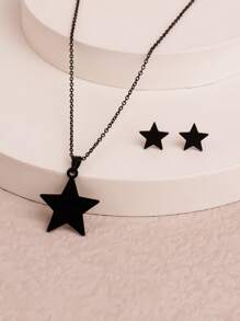 3pcs/Set Fashionable Stainless Steel Star Necklace Earring Set, Moon Star Necklace Earring Set, Simple Engagement Jewelry Set, Holiday Gift, Neutral Style, Suitable For Daily Wear