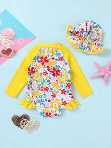 2pcs Set Elegant & Cute Baby Girls Floral Colorblock Ruffle Zipper Front Long Sleeve Romper & Bowknot Decor Hat, Suitable For Leisure, Swimming Pool, Beach, Vacation, Party - Multicolor - View 2