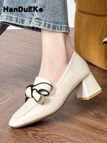 HanDuEke Women's High Heel Bowknot Loafer Flat Shoes, Retro British Style Thick Heel High Heel Pumps, Soft Leather Versatile Beige Spring/Autumn 2025 New Arrivals