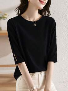 Blusa casual de mujer de manga media, camiseta de manga 3/4 con cuello redondo y efecto estilizante, de verano