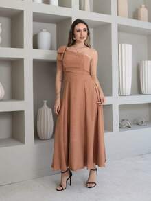 Helena Luxury Dune Linen Midi Dress With Bow On The Sleeve - 卡其色 - 查看 2