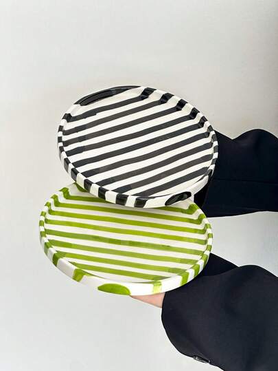 1 件复古釉下手绘条纹陶瓷圆盘，高品质风格早餐、牛排、意大利面盘，复古条纹调味品盘，适用于餐厅、家庭、酒店