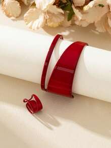 2pcs/Set 2025 New Minimalist Versatile Geometric Hollow Double-Layer Line Design Bangle And Ring Jewelry Set, Suitable For Women's Daily Wear - Red - View 5