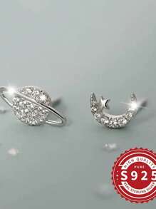 1 Pair 925 Sterling Silver Asymmetric Moon & Star Stud Earrings, Unique Personalized Design Small Earrings, Suitable For Party Events, Holiday Gifts