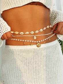 3pcs Multilayer Bohemian Beach Style Pearl Starfish Beaded Waist Chain, Beach Body Jewelry Chain For Women - Multicolor - View 2