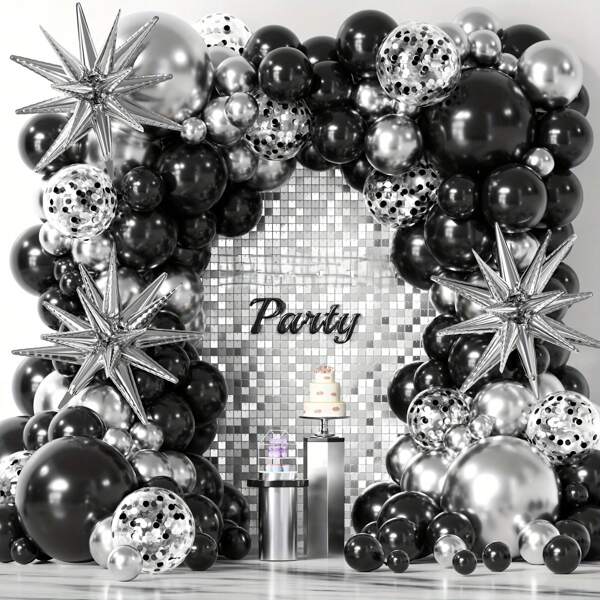 Juego de 137 piezas para arco de guirnalda de globos negros y plateados con estrellas - Globos de látex negros y plateados de 5", 10", 12" y 18" para fiesta de graduación, jubilación, cumpleaños o aniversario de 2025