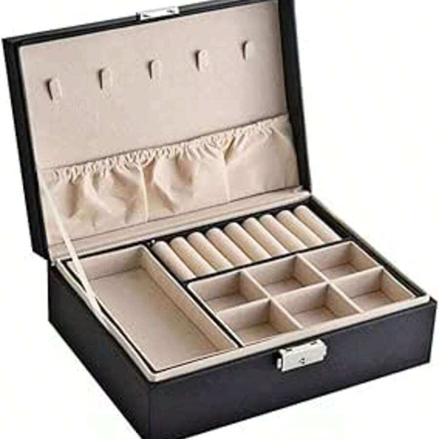 Portable Faux Leather Jewelry Box Double Compartment Jewelry Organizer With Key False Bottom 2 Layers Box