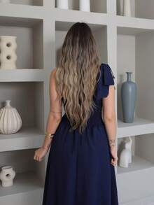 Helena Luxury Dune Linen Midi Dress With Bow On The Sleeve - Navy Blue - View 5