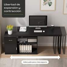 Mesa de estudio reversible con 2 estantes y toma de corriente - Negro - Ver 6