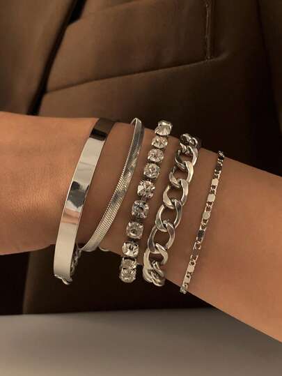 5pcs/Set Geometric Rhinestone Decor Vintage Minimalist Handmade Claw Chain Bracelet, Suitable For Parties, Gatherings, And Daily Wear