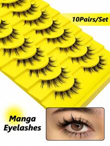 10 pares de pestañas postizas de manga natural estilo muñeca, con banda transparente suave. Diseño de apariencia de anime, perfecto para uso diario. Tiras de pestañas reutilizables. - Pestañas largas - Ver 2